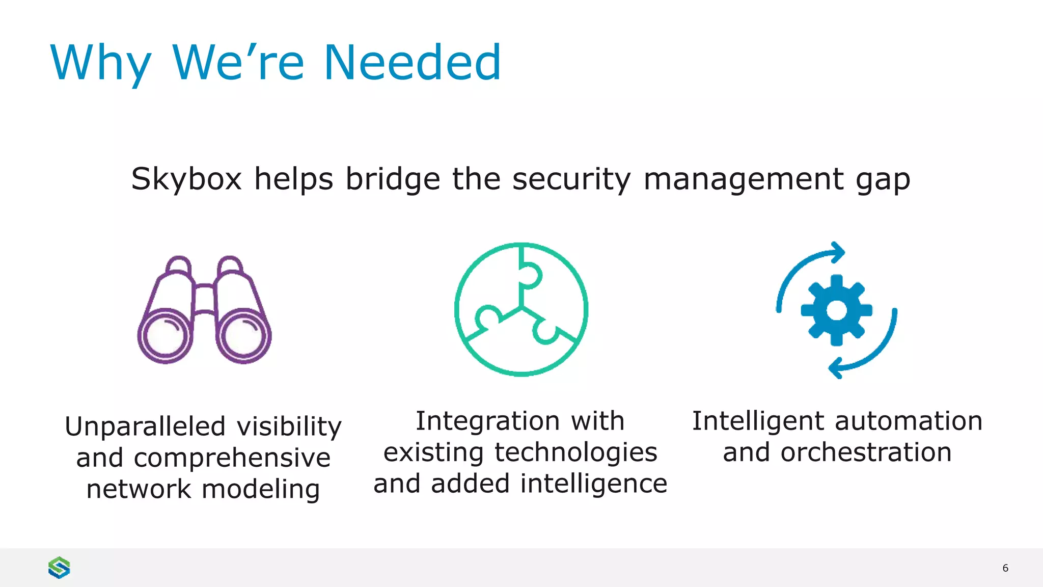 6
Why We’re Needed
Unparalleled visibility
and comprehensive
network modeling
Integration with
existing technologies
and added intelligence
Intelligent automation
and orchestration
Skybox helps bridge the security management gap
 