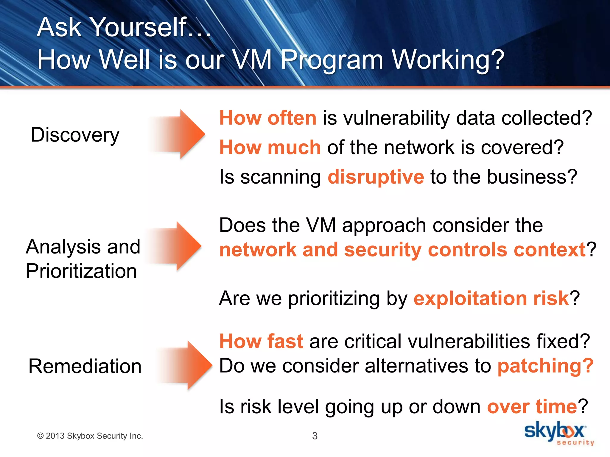 Ask Yourself…
How Well is our VM Program Working?
Discovery

Analysis and
Prioritization

How often is vulnerability data collected?
How much of the network is covered?
Is scanning disruptive to the business?
Does the VM approach consider the
network and security controls context?

Are we prioritizing by exploitation risk?
Remediation

How fast are critical vulnerabilities fixed?
Do we consider alternatives to patching?
Is risk level going up or down over time?

© 2013 Skybox Security Inc.

3

 