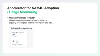 Accelerator for SAM4U Adoption
/ Usage Monitoring
• Instance Utilization Indicator
always shows customers the level of instance
capacity consumption and the subscription end date.
 