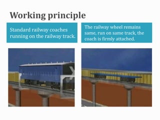Standard railway coaches
running on the railway track.
The railway wheel remains
same, run on same track, the
coach is firmly attached.
 