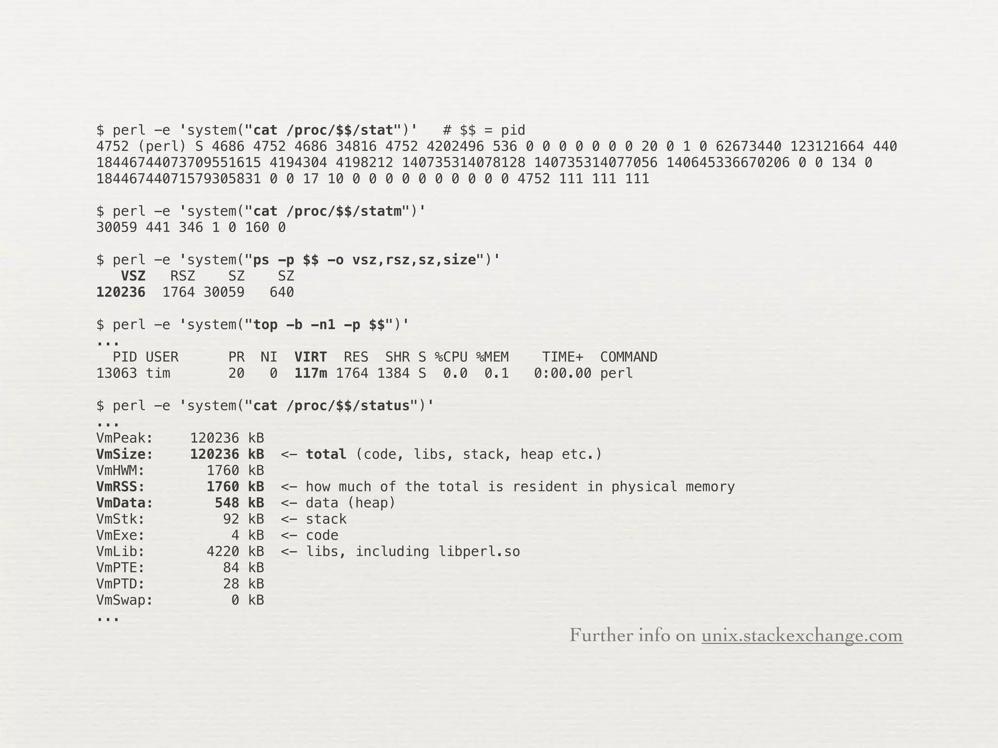 $ perl -e 'system("cat /proc/$$/stat")'   # $$ = pid
4752 (perl) S 4686 4752 4686 34816 4752 4202496 536 0 0 0 0 0 0 0 20 0 1 0 62673440 123121664 440
18446744073709551615 4194304 4198212 140735314078128 140735314077056 140645336670206 0 0 134 0
18446744071579305831 0 0 17 10 0 0 0 0 0 0 0 0 0 0 4752 111 111 111

$ perl -e 'system("cat /proc/$$/statm")'
30059 441 346 1 0 160 0

$ perl -e 'system("ps -p $$ -o vsz,rsz,sz,size")'
   VSZ   RSZ    SZ    SZ
120236 1764 30059    640

$ perl -e 'system("top -b -n1 -p $$")'
...
  PID USER      PR NI VIRT RES SHR S %CPU %MEM       TIME+ COMMAND
13063 tim       20   0 117m 1764 1384 S 0.0 0.1     0:00.00 perl

$ perl -e 'system("cat /proc/$$/status")'
...
VmPeak:!   120236 kB
VmSize:!   120236 kB <- total (code, libs, stack, heap etc.)
VmHWM:!      1760 kB
VmRSS:!      1760 kB <- how much of the total is resident in physical memory
VmData:!      548 kB <- data (heap)
VmStk:!        92 kB <- stack
VmExe:!         4 kB <- code
VmLib:!      4220 kB <- libs, including libperl.so
VmPTE:!        84 kB
VmPTD:!        28 kB
VmSwap:!        0 kB
...
                                                         Further info on unix.stackexchange.com
 