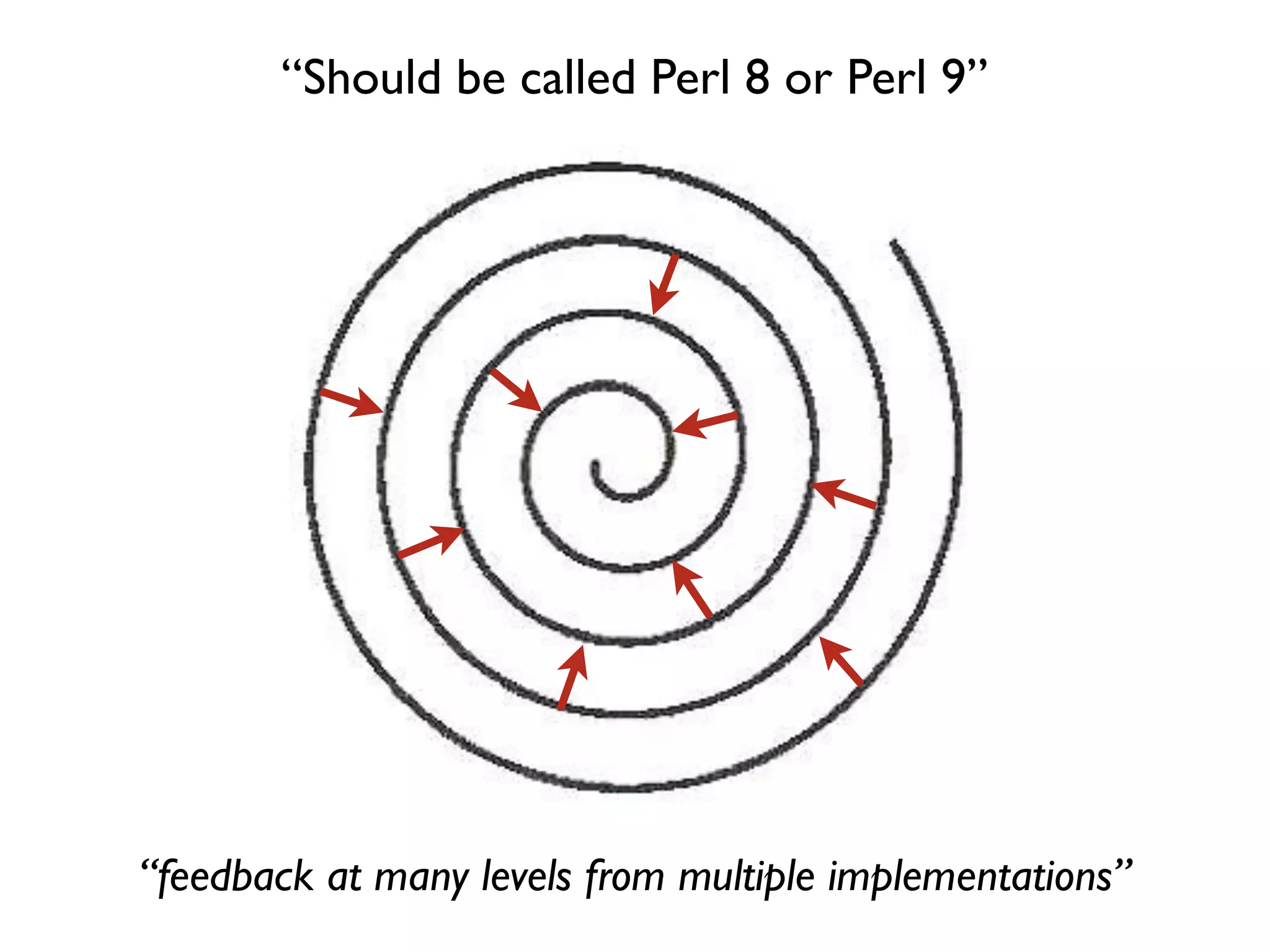 “Should be called Perl 8 or Perl 9”




“feedback at many levels from multiple implementations”
 