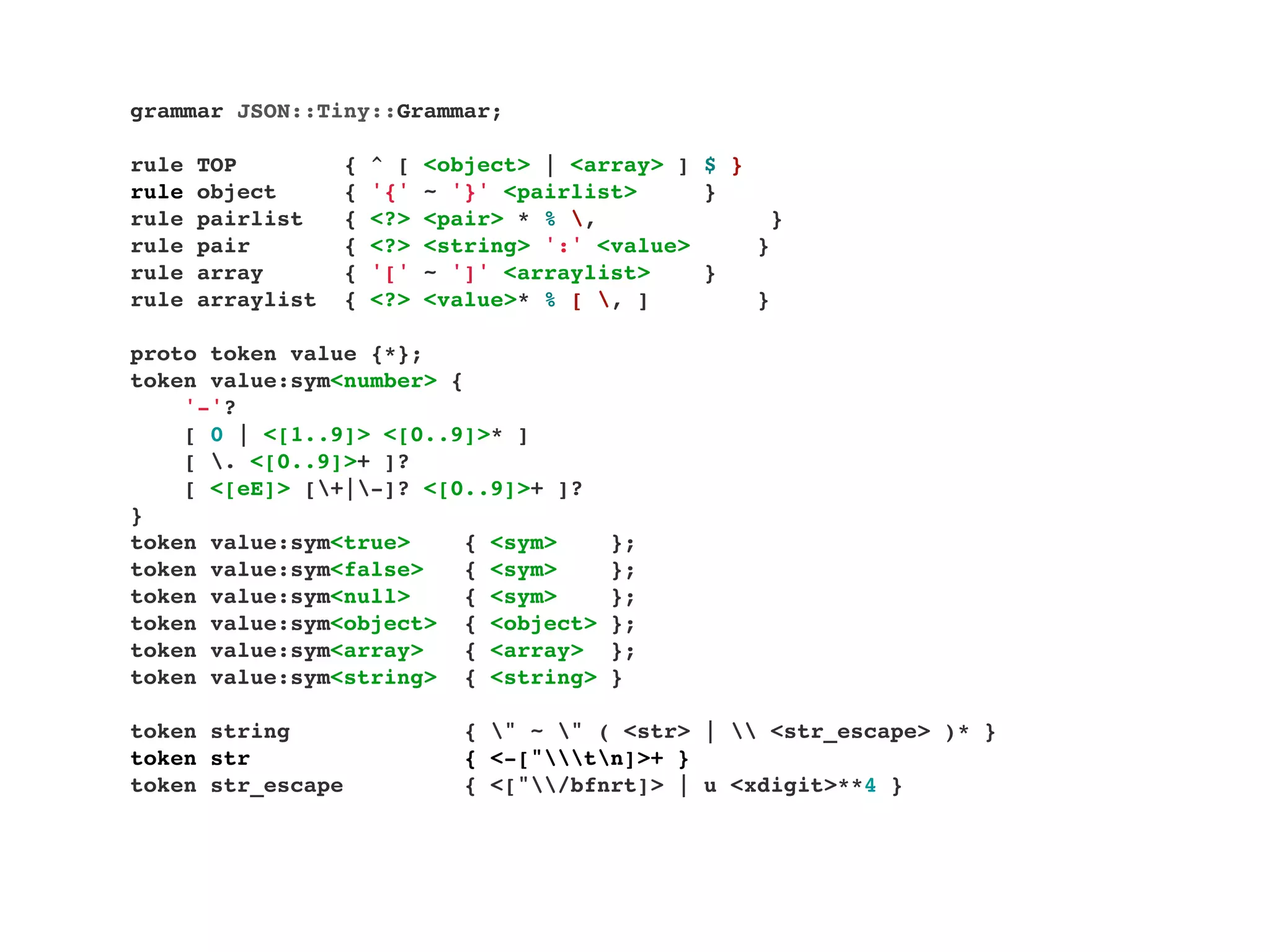 grammar JSON::Tiny::Grammar;

rule   TOP         {   ^ [   <object> | <array> ] $ }
rule   object      {   '{'   ~ '}' <pairlist>     }
rule   pairlist    {   <?>   <pair> * % ,              }
rule   pair        {   <?>   <string> ':' <value>     }
rule   array       {   '['   ~ ']' <arraylist>    }
rule   arraylist   {   <?>   <value>* % [ , ]        }

proto token value {*};
token value:sym<number> {
    '-'?
    [ 0 | <[1..9]> <[0..9]>* ]
    [ . <[0..9]>+ ]?
    [ <[eE]> [+|-]? <[0..9]>+ ]?
}
token value:sym<true>     { <sym>          };
token value:sym<false>    { <sym>          };
token value:sym<null>     { <sym>          };
token value:sym<object> { <object>         };
token value:sym<array>    { <array>        };
token value:sym<string> { <string>         }

token string                    { " ~ " ( <str> |  <str_escape> )* }
token str                       { <-["tn]>+ }
token str_escape                { <["/bfnrt]> | u <xdigit>**4 }
 
