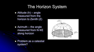 The Horizon System 
 Altitude (h) – angle 
measured from the 
horizon to Zenith (Z) 
 Azimuth – the angle 
measured from NE 
along horizon 
 Problem as a celestial 
system? 
 