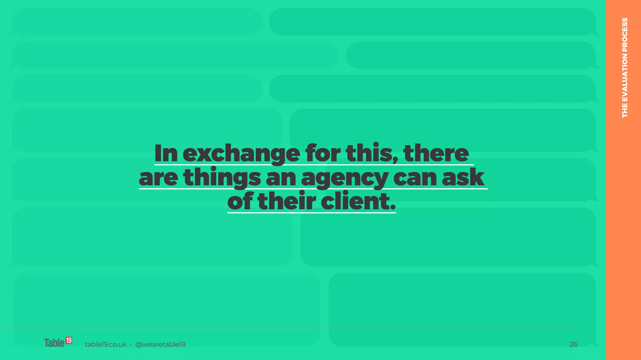 table19.co.uk • @wearetable19 26
In exchange for this, there
are things an agency can ask
of their client.
table19.co.uk • @wearetable19 26
THEEVALUATIONPROCESS
 