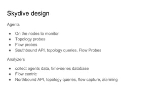 Skydive design
Agents
● On the nodes to monitor
● Topology probes
● Flow probes
● Southbound API, topology queries, Flow Probes
Analyzers
● collect agents data, time-series database
● Flow centric
● Northbound API, topology queries, flow capture, alarming
 