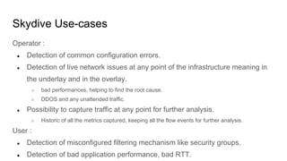 Skydive Use-cases
Operator :
● Detection of common configuration errors.
● Detection of live network issues at any point of the infrastructure meaning in
the underlay and in the overlay.
○ bad performances, helping to find the root cause.
○ DDOS and any unattended traffic.
● Possibility to capture traffic at any point for further analysis.
○ Historic of all the metrics captured, keeping all the flow events for further analysis.
User :
● Detection of misconfigured filtering mechanism like security groups.
● Detection of bad application performance, bad RTT.
 
