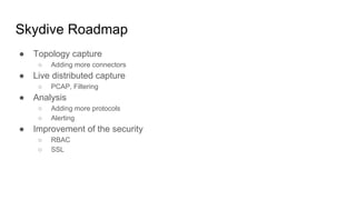 Skydive Roadmap
● Topology capture
○ Adding more connectors
● Live distributed capture
○ PCAP, Filtering
● Analysis
○ Adding more protocols
○ Alerting
● Improvement of the security
○ RBAC
○ SSL
 