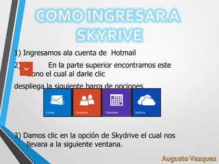 1) Ingresamos ala cuenta de Hotmail
2) En la parte superior encontramos este
icono el cual al darle clic
despliega la siguiente barra de opciones
3) Damos clic en la opción de Skydrive el cual nos
llevara a la siguiente ventana.
 