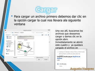 • Para cargar un archivo primero debemos dar clic en
la opción cargar la cual nos llevara ala siguiente
ventana
Una vez allí, buscamos los
archivos que deseamos
cargar y damos clic en la
opción abrir.
Inmediatamente se abrirá
este cuadro y ya quedara
cargado el archivo en
Skydrive
 