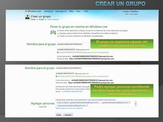 Crear un grupoEl grupo se registrará además del nombre como groups.live.com Podrá agregar personas escribiendo las direcciones de correo electrónico y seleccionado Crear.