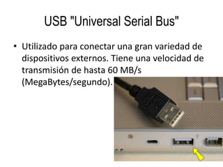 USB "Universal Serial Bus"
• Utilizado para conectar una gran variedad de
dispositivos externos. Tiene una velocidad de
transmisión de hasta 60 MB/s
(MegaBytes/segundo).
 