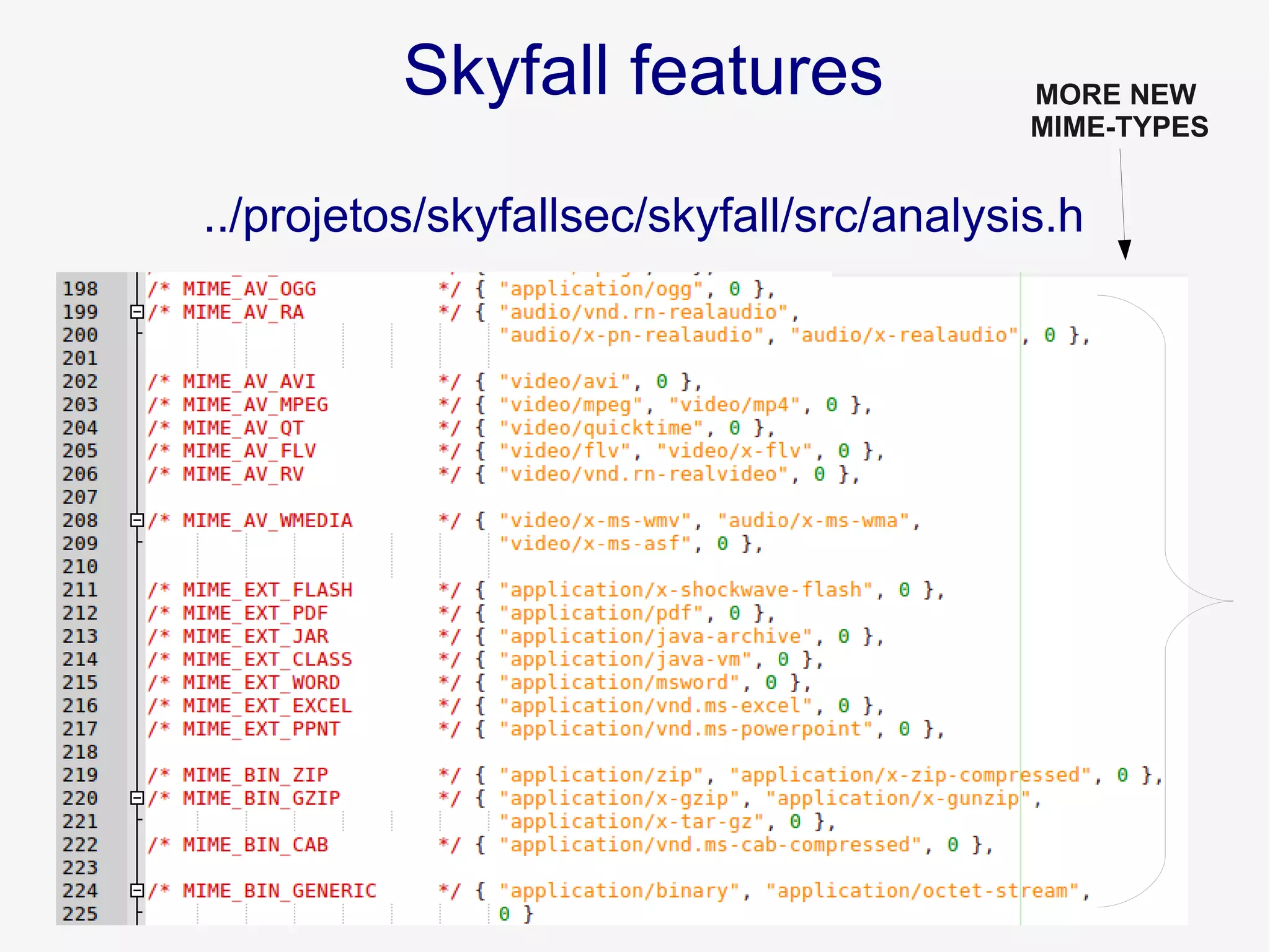Skyfall features
../projetos/skyfallsec/skyfall/src/analysis.h
MORE NEW
MIME-TYPES
 