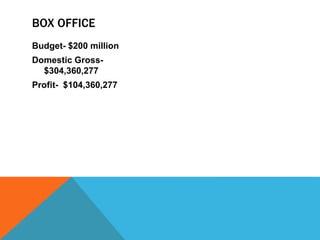 BOX OFFICE
Budget- $200 million
Domestic Gross-
$304,360,277
Profit- $104,360,277
 