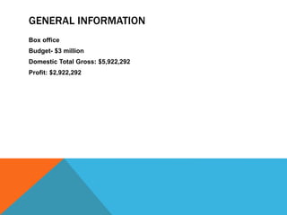 GENERAL INFORMATION
Box office
Budget- $3 million
Domestic Total Gross: $5,922,292
Profit: $2,922,292
 
