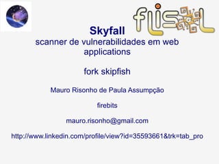 Skyfall
scanner de vulnerabilidades em web
applications
fork skipfish
Mauro Risonho de Paula Assumpção
firebits
mauro.risonho@gmail.com
http://www.linkedin.com/profile/view?id=35593661&trk=tab_pro
 