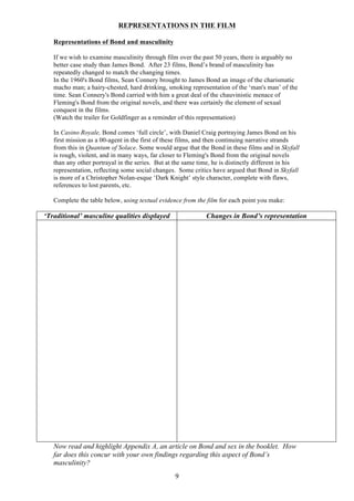 REPRESENTATIONS IN THE FILM
Representations of Bond and masculinity
If we wish to examine masculinity through film over the past 50 years, there is arguably no
better case study than James Bond. After 23 films, Bond’s brand of masculinity has
repeatedly changed to match the changing times.
In the 1960's Bond films, Sean Connery brought to James Bond an image of the charismatic
macho man; a hairy-chested, hard drinking, smoking representation of the ‘man's man’ of the
time. Sean Connery's Bond carried with him a great deal of the chauvinistic menace of
Fleming's Bond from the original novels, and there was certainly the element of sexual
conquest in the films.
(Watch the trailer for Goldfinger as a reminder of this representation)
In Casino Royale, Bond comes ‘full circle’, with Daniel Craig portraying James Bond on his
first mission as a 00-agent in the first of these films, and then continuing narrative strands
from this in Quantum of Solace. Some would argue that the Bond in these films and in Skyfall
is rough, violent, and in many ways, far closer to Fleming's Bond from the original novels
than any other portrayal in the series. But at the same time, he is distinctly different in his
representation, reflecting some social changes. Some critics have argued that Bond in Skyfall
is more of a Christopher Nolan-esque ‘Dark Knight’ style character, complete with flaws,
references to lost parents, etc.
Complete the table below, using textual evidence from the film for each point you make:

‘Traditional’ masculine qualities displayed

Changes in Bond’s representation

Now read and highlight Appendix A, an article on Bond and sex in the booklet. How
far does this concur with your own findings regarding this aspect of Bond’s
masculinity?
9

 