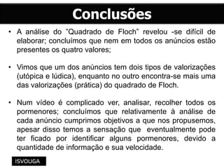 • A análise do ”Quadrado de Floch” revelou -se difícil de
elaborar; concluímos que nem em todos os anúncios estão
presentes os quatro valores;
• Vimos que um dos anúncios tem dois tipos de valorizações
(utópica e lúdica), enquanto no outro encontra-se mais uma
das valorizações (prática) do quadrado de Floch.
• Num vídeo é complicado ver, analisar, recolher todos os
pormenores; concluímos que relativamente à análise de
cada anúncio cumprimos objetivos a que nos propusemos,
apesar disso temos a sensação que eventualmente pode
ter ficado por identificar alguns pormenores, devido a
quantidade de informação e sua velocidade.
 