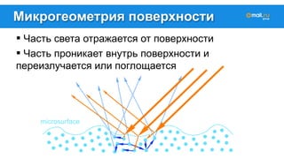 Микрогеометрия поверхности 
! Часть света отражается от поверхности 
! Часть проникает внутрь поверхности и 
переизлучается или поглощается 
 