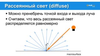 Рассеянный свет (diffuse) 
! Можно пренебречь точкой входа и выхода луча 
! Считаем, что весь рассеянный свет 
распределяется равномерно 
 
