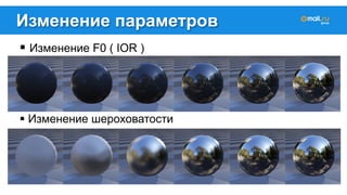 Изменение параметров 
! Изменение F0 ( IOR ) 
! Изменение шероховатости 
 