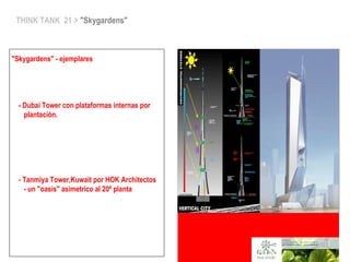 THINK TANK 21 > "Skygardens"
"Skygardens" - ejemplares
- Dubai Tower con plataformas internas por
plantación.
- Tanmiya Tower,Kuwait por HOK Architectos
- un "oasis" asimetrico al 20ª planta
 