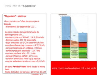 space co-op >fund.ecodes/cero co2 > viva verde
THINK TANK 08 > "Skygardens"
"Skygardens" - objetivos
- funciona como un "offset de carbon"por el
bajando
de emisiones por separado de CO2 ...
los otros metodos de bajando la huella de
carbon personal son ...
- cambiar coche a un "Hybrid" - UK: 0,8 tns./año
- terminar vuelos - UK: 1,6 tonnes/año
- bajar termastato por 2ºC en casa-UK:0,4t./año
- usar bombillas de bajo consumo - UK:0,25t./año
- comprar localmente,sin embalaje - 0,7t./año
- comprar productos organicos - 1,0 t. / año
- usar una estufa de leña - 0,9 t. / año
- cambiar PC por un portatil - 0,2 t. / año
- comprar "electricidad verde" (p.ej: aeolica)
- mejorar aislamiento termico en casa - 0,8 t./ año
en teoria Paredes Verdes llevar a cabo el mismo
tarea .
Huella de Carbon por persona : 20 tonnes- EE.UU
 