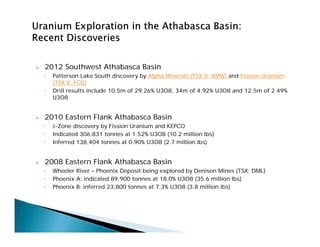  2012 Southwest Athabasca Basin
◦ Patterson Lake South discovery by Alpha Minerals (TSX.V: AMW) and Fission Uranium
(TSX.V: FCU)
◦ Drill results include 10.5m of 29.26% U3O8, 34m of 4.92% U3O8 and 12.5m of 2.49%
U3O8
 2010 Eastern Flank Athabasca Basin
◦ J-Zone discovery by Fission Uranium and KEPCO
◦ Indicated 306,831 tonnes at 1.52% U3O8 (10.2 million lbs)
◦ Inferred 138,404 tonnes at 0.90% U3O8 (2.7 million lbs)
 2008 Eastern Flank Athabasca Basin
◦ Wheeler River – Phoenix Deposit being explored by Denison Mines (TSX: DML)
◦ Phoenix A: indicated 89,900 tonnes at 18.0% U3O8 (35.6 million lbs)
◦ Phoenix B: inferred 23,800 tonnes at 7.3% U3O8 (3.8 million lbs)
 