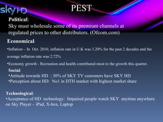 PEST
 Political:
 Sky must wholesale some of its premium channels at
 regulated prices to other distributors. (Ofcom.com)
Economical:
•Inflation – In Oct. 2010, inflation rate in U.K was 3.20% for the past 2 decades and the
average inflation rate was 2.72%
•Economy growth - Recreation and health contributed most to the growth this quarter.
 Social:
 •Attitude towards HD : 30% of SKY TV customers have SKY HD
 •Perception about HD: No1 in DTH market with highest market share

Technological:
•Acceptance of HD technology: Impaired people watch SKY anytime anywhere
on Sky Player – iPad, X-box, Laptop
 