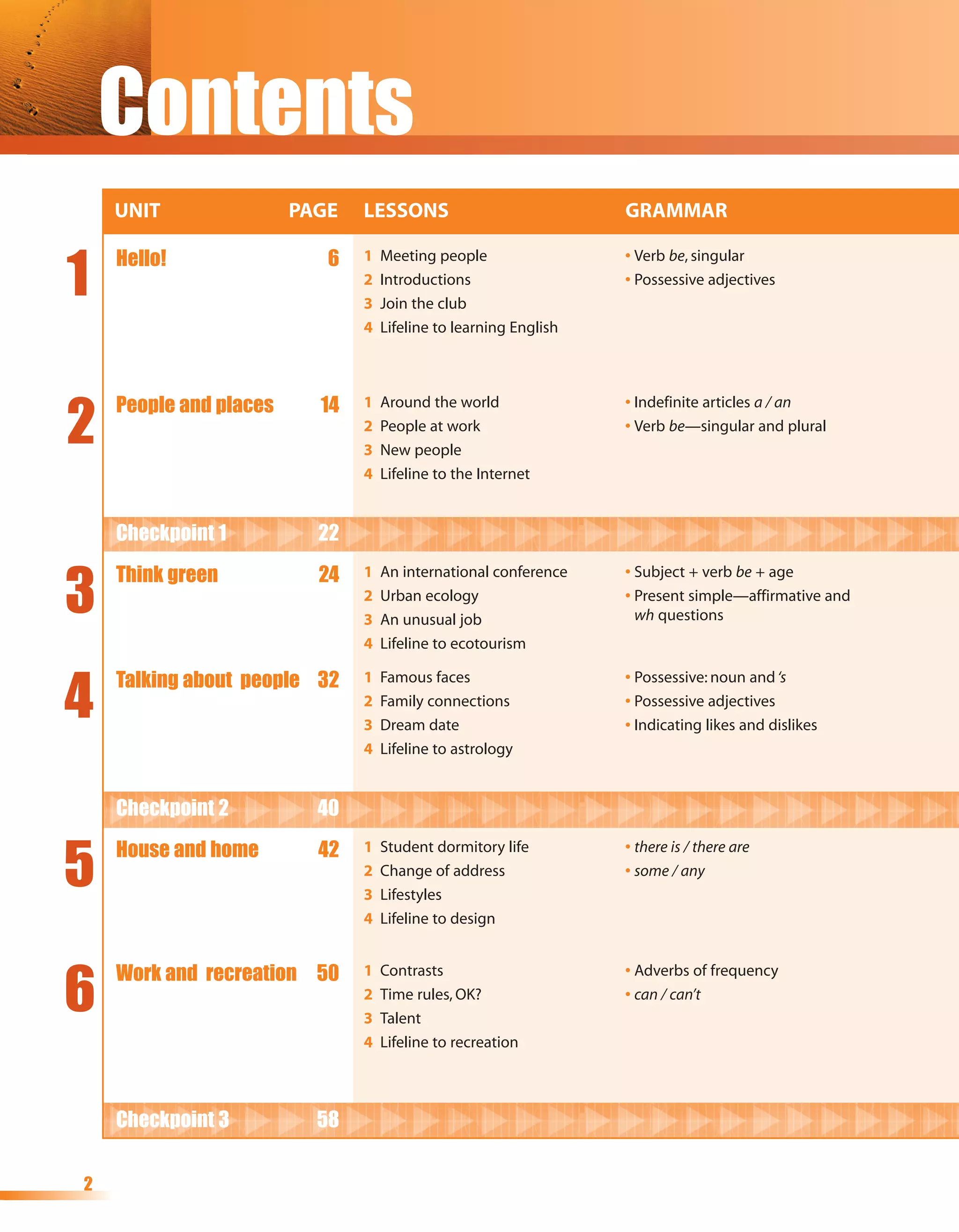 Contents
    UNIT                PAGE   LESSONS                            GRAMMAR


1
    Hello!                 6   1   Meeting people                 • Verb be, singular
                               2   Introductions                  • Possessive adjectives
                               3   Join the club
                               4   Lifeline to learning English




2
    People and places     14   1   Around the world               • Indefinite articles a / an
                               2   People at work                 • Verb be—singular and plural
                               3   New people
                               4   Lifeline to the Internet


    Checkpoint 1          22


3
    Think green           24   1   An international conference    • Subject + verb be + age
                               2   Urban ecology                  • Present simple—affirmative and
                               3   An unusual job                   wh questions
                               4   Lifeline to ecotourism



4
    Talking about people 32    1   Famous faces                   • Possessive: noun and ‘s
                               2   Family connections             • Possessive adjectives
                               3   Dream date                     • Indicating likes and dislikes
                               4   Lifeline to astrology


    Checkpoint 2          40


5
    House and home        42   1   Student dormitory life         • there is / there are
                               2   Change of address              • some / any
                               3   Lifestyles
                               4   Lifeline to design




6
    Work and recreation 50     1   Contrasts                      • Adverbs of frequency
                               2   Time rules, OK?                • can / can’t
                               3   Talent
                               4   Lifeline to recreation



    Checkpoint 3          58


2
 