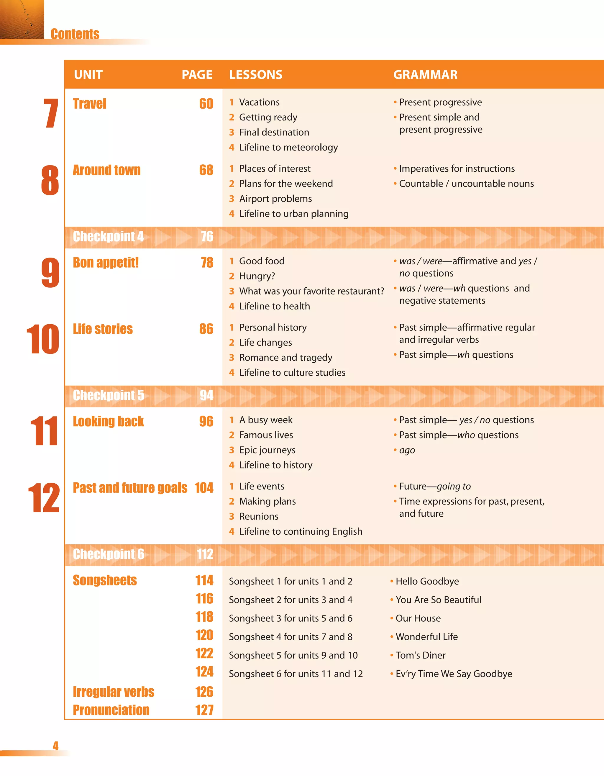 Contents


     UNIT               PAGE     LESSONS                                GRAMMAR


 7
     Travel                60    1   Vacations                          • Present progressive
                                 2   Getting ready                      • Present simple and
                                 3   Final destination                    present progressive
                                 4   Lifeline to meteorology



8
     Around town           68    1   Places of interest                 • Imperatives for instructions
                                 2   Plans for the weekend              • Countable / uncountable nouns
                                 3   Airport problems
                                 4   Lifeline to urban planning

     Checkpoint 4          76


9
     Bon appetit!          78    1   Good food                          • was / were—affirmative and yes /
                                 2   Hungry?                              no questions
                                 3   What was your favorite restaurant? • was / were—wh questions and
                                                                          negative statements
                                 4   Lifeline to health



10
     Life stories          86    1   Personal history                   • Past simple—affirmative regular
                                 2   Life changes                         and irregular verbs
                                 3   Romance and tragedy                • Past simple—wh questions
                                 4   Lifeline to culture studies

     Checkpoint 5          94


11
     Looking back          96    1   A busy week                        • Past simple— yes / no questions
                                 2   Famous lives                       • Past simple—who questions
                                 3   Epic journeys                      • ago
                                 4   Lifeline to history



12
     Past and future goals 104   1   Life events                        • Future—going to
                                 2   Making plans                       • Time expressions for past, present,
                                 3   Reunions                             and future
                                 4   Lifeline to continuing English

     Checkpoint 6          112
     Songsheets           114    Songsheet 1 for units 1 and 2         • Hello Goodbye
                          116    Songsheet 2 for units 3 and 4         • You Are So Beautiful
                          118    Songsheet 3 for units 5 and 6         • Our House
                          120    Songsheet 4 for units 7 and 8         • Wonderful Life
                          122    Songsheet 5 for units 9 and 10        • Tom's Diner
                          124    Songsheet 6 for units 11 and 12       • Ev’ry Time We Say Goodbye
     Irregular verbs      126
     Pronunciation        127

 4
 