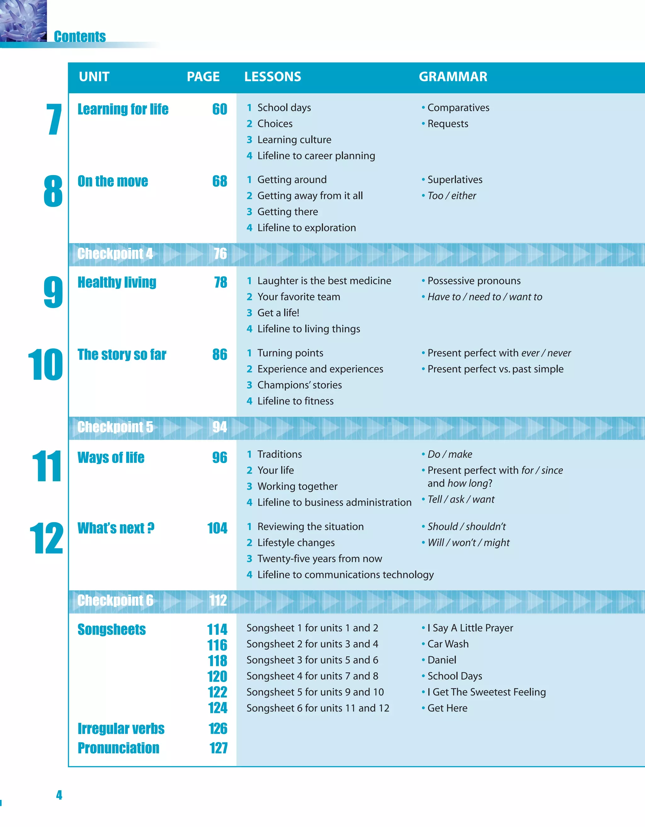 Contents

     UNIT
     UNIT                PAGE LESSONS
                         PAGE LESSONS                                    GRAMMAR
                                                                         GRAMMAR


 7
     Learning for life     60    1   School days                          • Comparatives
                                 2   Choices                              • Requests
                                 3   Learning culture
                                 4   Lifeline to career planning



8
     On the move           68    1   Getting around                       • Superlatives
                                 2   Getting away from it all             • Too / either
                                 3   Getting there
                                 4   Lifeline to exploration

     Checkpoint 4
     Checkpoint 4          76


9
     Healthy living        78    1   Laughter is the best medicine        • Possessive pronouns
                                 2   Your favorite team                   • Have to / need to / want to
                                 3   Get a life!
                                 4   Lifeline to living things



10
     The story so far      86    1   Turning points                       • Present perfect with ever / never
                                 2   Experience and experiences           • Present perfect vs. past simple
                                 3   Champions’ stories
                                 4   Lifeline to fitness

     Checkpoint 5
     Checkpoint 5          94


11   Ways of life          96    1   Traditions                          • Do / make
                                 2   Your life                           • Present perfect with for / since
                                 3   Working together                      and how long?
                                 4   Lifeline to business administration • Tell / ask / want



12
     What’s next ?        104    1   Reviewing the situation            • Should / shouldn’t
                                 2   Lifestyle changes                  • Will / won’t / might
                                 3   Twenty-five years from now
                                 4   Lifeline to communications technology

     Checkpoint 6
     Checkpoint 6          112
     Songsheets           114    Songsheet 1 for units 1 and 2            • I Say A Little Prayer
                          116    Songsheet 2 for units 3 and 4            • Car Wash
                          118    Songsheet 3 for units 5 and 6            • Daniel
                          120    Songsheet 4 for units 7 and 8            • School Days
                          122    Songsheet 5 for units 9 and 10           • I Get The Sweetest Feeling
                          124    Songsheet 6 for units 11 and 12          • Get Here

     Irregular verbs      126
     Pronunciation        127


 4
 