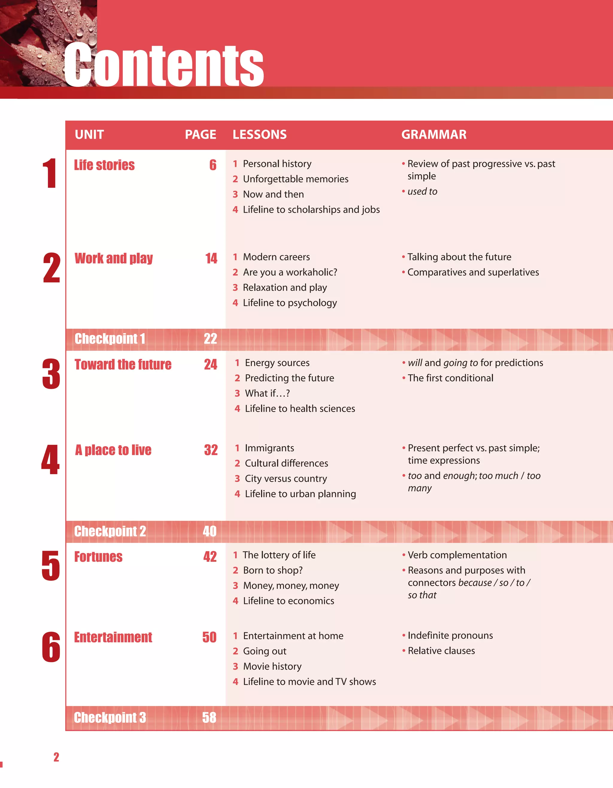 Contents
    UNIT                PAGE   LESSONS                                 GRAMMAR


1   Life stories           6   1   Personal history                    • Review of past progressive vs. past
                               2   Unforgettable memories                simple
                               3   Now and then                        • used to
                               4   Lifeline to scholarships and jobs




2
    Work and play         14   1   Modern careers                      • Talking about the future
                               2   Are you a workaholic?               • Comparatives and superlatives
                               3   Relaxation and play
                               4   Lifeline to psychology


    Checkpoint 1          22


3
    Toward the future     24   1   Energy sources                      • will and going to for predictions
                               2   Predicting the future               • The first conditional
                               3   What if…?
                               4   Lifeline to health sciences




4
    A place to live       32   1   Immigrants                          • Present perfect vs. past simple;
                               2   Cultural differences                  time expressions
                               3   City versus country                 • too and enough; too much / too
                                                                         many
                               4   Lifeline to urban planning


    Checkpoint 2          40


5   Fortunes              42   1   The lottery of life                 • Verb complementation
                               2   Born to shop?                       • Reasons and purposes with
                               3   Money, money, money                   connectors because / so / to /
                                                                         so that
                               4   Lifeline to economics




6
    Entertainment         50   1   Entertainment at home               • Indefinite pronouns
                               2   Going out                           • Relative clauses
                               3   Movie history
                               4   Lifeline to movie and TV shows


    Checkpoint 3          58

2
 