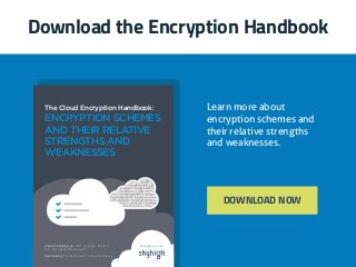 Download the Encryption Handbook
DOWNLOAD NOW
(Report Cover)
Learn more about
encryption schemes and
their relative strengths
and weaknesses.
Brought to you by
The Cloud Encryption Handbook:
Alexandra Boldyreva , Ph.D. Computer Science,
M.S., B.S. Applied Mathematics
Paul Grubbs, B.S., Mathematics, Computer Science
ENCRYPTION SCHEMES
AND THEIR RELATIVE
STRENGTHS AND
WEAKNESSES
 