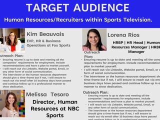 Human Resources/Recruiters within Sports Television.
TARGET AUDIENCE
Kim Beauvais
Outreach Plan:
• Ensuring resume is up to date and meeting all the
companies' requirements for employment. Include
recommendations and have a plan to market yourself.
• I will reach out via LinkedIn, Website portal, Email, or
any other form of social communication.
• The interviewer or the human resources department
should give a time-frame but if not, I will ensure to
reach out via email after 10 business days have passed
and continue follow up in a professional manner to
show dedication.
EVP, HR & Business
Operations at Fox Sports
Lorena Rios
Outreach
Plan:
Melissa Tesoro Outreach Plan:
• Ensuring resume is up to date and meeting all the
companies' requirements for employment. Include
recommendations and have a plan to market yourself.
• I will reach out via LinkedIn, Website portal, Email, or
any other form of social communication.
• The interviewer or the human resources department
should give a time-frame but if not, I will ensure to
reach out via email after 10 business days have passed
ROFILE
PICTURE
HRBP | HR Head | Human
Resources Manager | HRBP
Manager
Director, Human
Resources at NBC
Sports
• Ensuring resume is up to date and meeting all the comp
requirements for employment. Include recommendation
plan to market yourself.
• I will reach out via LinkedIn, Website portal, Email, or a
form of social communication.
• The interviewer or the human resources department sho
time-frame but if not, I will ensure to reach out via ema
business days have passed and continue follow up in a
manner to show dedication.
 