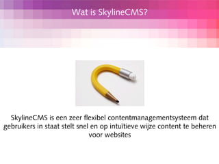 Wat is SkylineCMS?




  SkylineCMS is een zeer flexibel contentmanagementsysteem dat
gebruikers in staat stelt snel en op intuïtieve wijze content te beheren
                              voor websites
 
