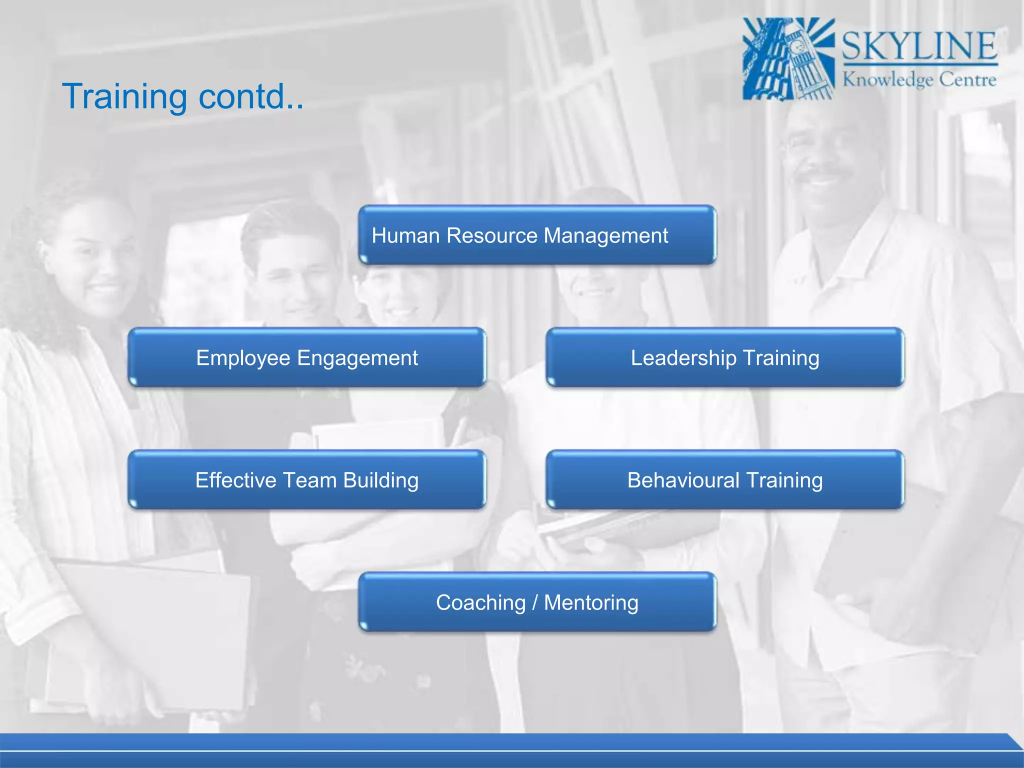 Human Resource Management
Employee Engagement
Effective Team Building
Leadership Training
Behavioural Training
Coaching / Mentoring
Training contd..
 