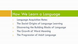 1.  Language Acquisition Rates
2.  The Social Origins of Language Learning
3.  Discovering the Building Blocks of Language
4.  The Growth of Word Meaning
5.  The Progression of Adult Language
How We Learn a Language
 