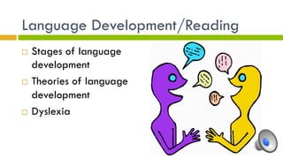 Language Development/Reading
¨  Stages of language
development
¨  Theories of language
development
¨  Dyslexia
 