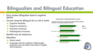 Bilingualism and Bilingual Education
¨  Early studies: Bilinguilism leads to cognitive
deficits
¨  Current research: Bilingual do as well or better
¤  Cognitive flexibility
¤  Cognitive complexity
¤  Analytical reasoning
¤  Metalinguistic awareness
¨  Benefits may be temporary
¨  Education:
¤  Mixed results
¤  Language minority students in high-quality
programs may do better than those in English
only programs
 