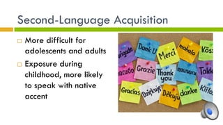 Second-Language Acquisition
¨  More difficult for
adolescents and adults
¨  Exposure during
childhood, more likely
to speak with native
accent
 