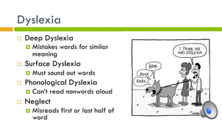 Dyslexia
¨  Deep Dyslexia
¤  Mistakes words for similar
meaning
¨  Surface Dyslexia
¤  Must sound out words
¨  Phonological Dyslexia
¤  Can’t read nonwords aloud
¨  Neglect
¤  Misreads first or last half of
word
 
