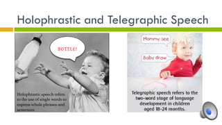 Holophrastic and Telegraphic Speech
Bottle!
Holophrastic speech refers
to the use of single words to
express whole phrases and
sentences!
 