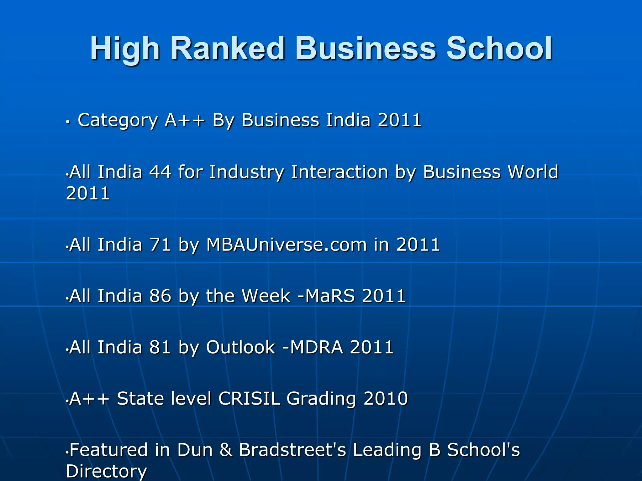 High Ranked Business School

•   Category A++ By Business India 2011

All India 44 for Industry Interaction by Business World
•

2011

•All India 71 by MBAUniverse.com in 2011

•All India 86 by the Week -MaRS 2011

•All India 81 by Outlook -MDRA 2011

•A++ State level CRISIL Grading 2010

Featured in Dun & Bradstreet's Leading B School's
•

Directory
 