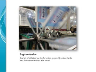 Bag conversion
A variety of wicketted bag line for bottom gusseted draw tape handle
bags for the tissue and wet wipe market
 
