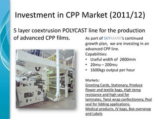 Investment in CPP Market (2011/12)
5 layer coextrusion POLYCAST line for the production
of advanced CPP films.     As part of SKYMARK’s continued
                               growth plan, we are investing in an
                               advanced CPP line.
                               Capabilities:
                               • Useful width of 2800mm
                               • 20mu – 200mu
                               • 1600kgs output per hour

                               Markets:
                               Greeting Cards, Stationary, Produce
                               flower and textile bags, High temp
                               resistance and high seal for
                               laminates, Twist wrap confectionery, Peal
                               seal for lidding applications.
                               Medical products, IV bags, Box overwrap
                               and Labels
 