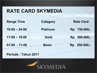RATE CARD SKYMEDIA Range Time  Category  Rate Card 19:00 – 24:00  Platinum  Rp   750.000,- 11:00 – 18:00  Gold  Rp   500.000,- 01:00  - 11:00  Basic  Rp   250.000,-  Periode : Tahun 2011 