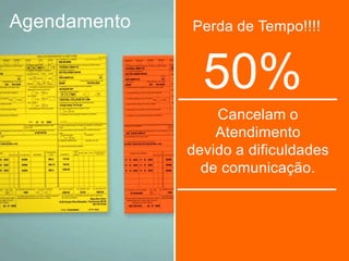 Agendamento   Perda de Tempo!!!!


                50%
                  Cancelam o
                  Atendimento
              devido a dificuldades
                de comunicação.
 