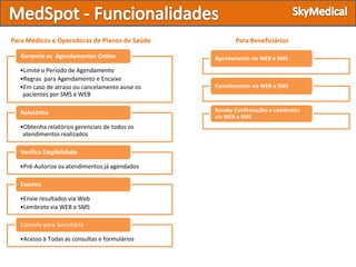 Para Médicos e Operadoras de Planos de Saúde           Para Beneficiários

   Gerencie os Agendamentos Online              Agendamento via WEB e SMS

  •Limite o Período de Agendamento
  •Regras para Agendamento e Encaixe
  •Em caso de atraso ou cancelamento avise os   Cancelamento via WEB e SMS
   pacientes por SMS e WEB

   Relatórios                                   Receba Confirmações e Lembretes
                                                via WEB e SMS
  •Obtenha relatórios gerenciais de todos os
   atendimentos realizados

   Verifica Elegibilidade

  •Pré-Autorize os atendimentos já agendados

   Exames

  •Envie resultados via Web
  •Lembrete via WEB e SMS

   Console para Secretária

  •Acesso à Todas as consultas e formulários
 