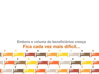 Embora o volume de beneficiários cresça
   Fica cada vez mais difícil...
 